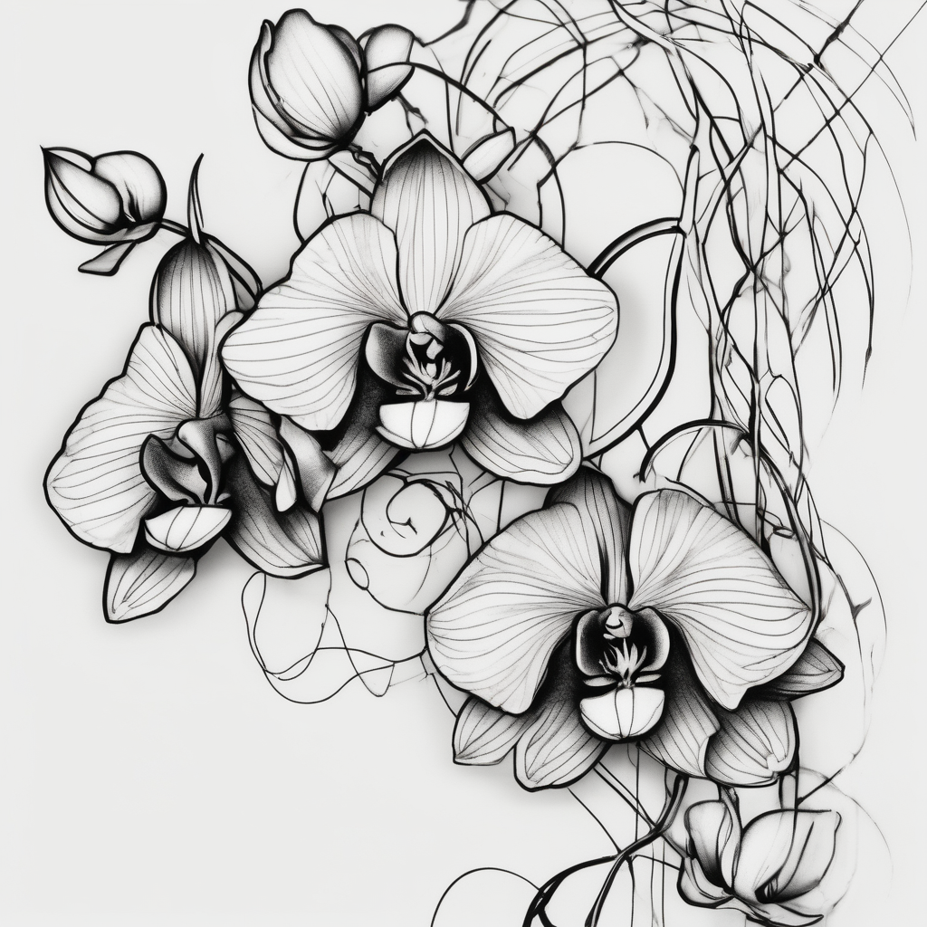 Three line orchids different size realistic and a mix of vagina. Are connected with branches ed-tiger-lilly-is-fun-size-for-a-reason, design de tatouage Croquis généré par IA