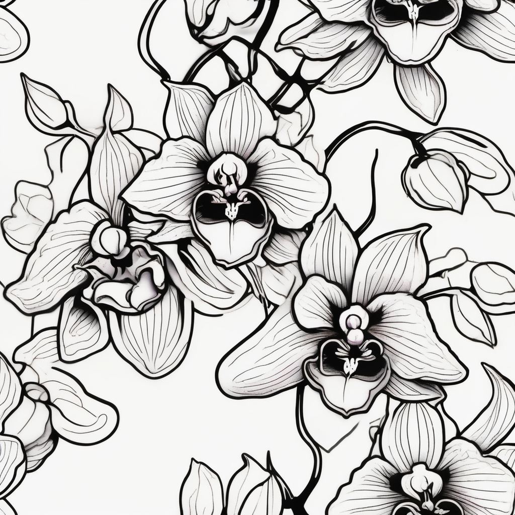 Three line orchids different size realistic and a mix of vagina. Are connected with branches ed-tiger-lilly-is-fun-size-for-a-reason, design de tatouage Cartoon généré par IA