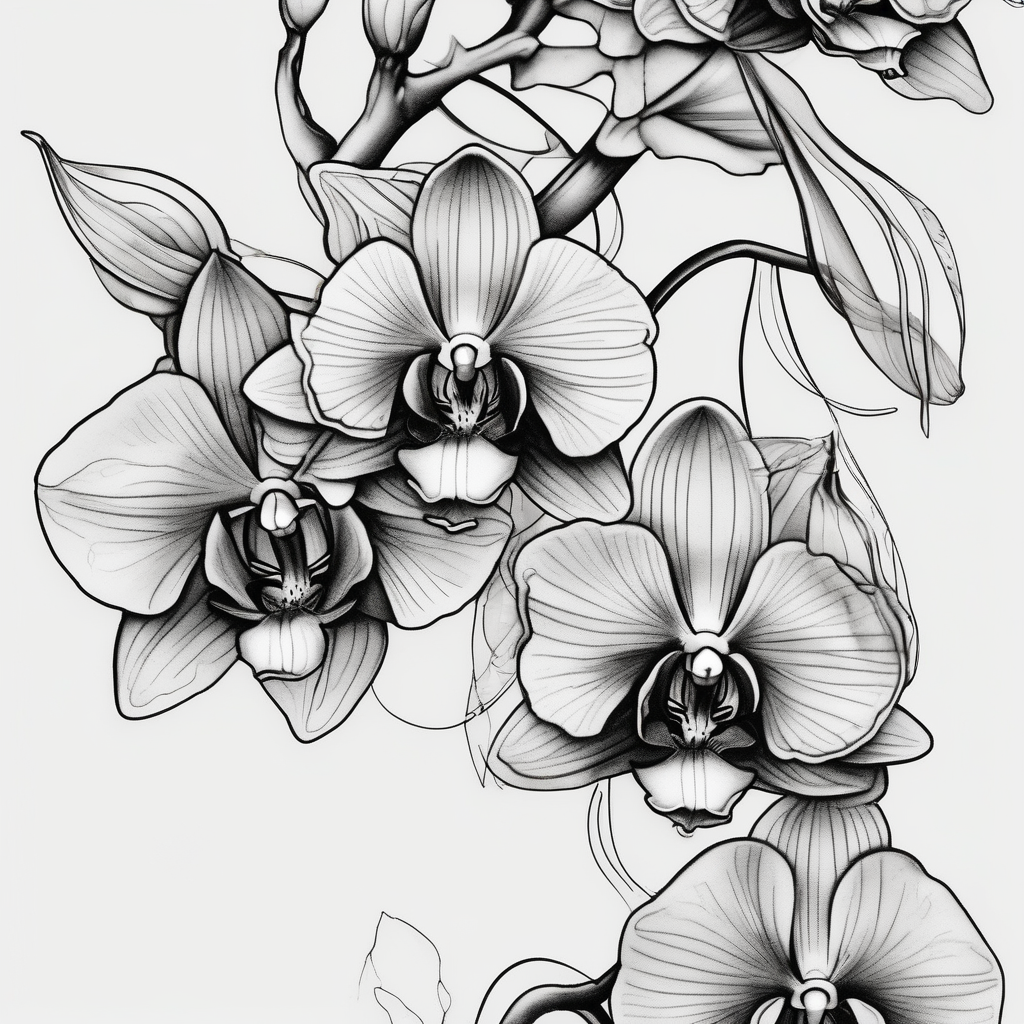 Three fine line orchids different size realistic and a mix of vagina. Are connected with branches ed-tiger-lilly-is-fun-size-for-a-reason, design de tatouage Noir et blanc généré par IA