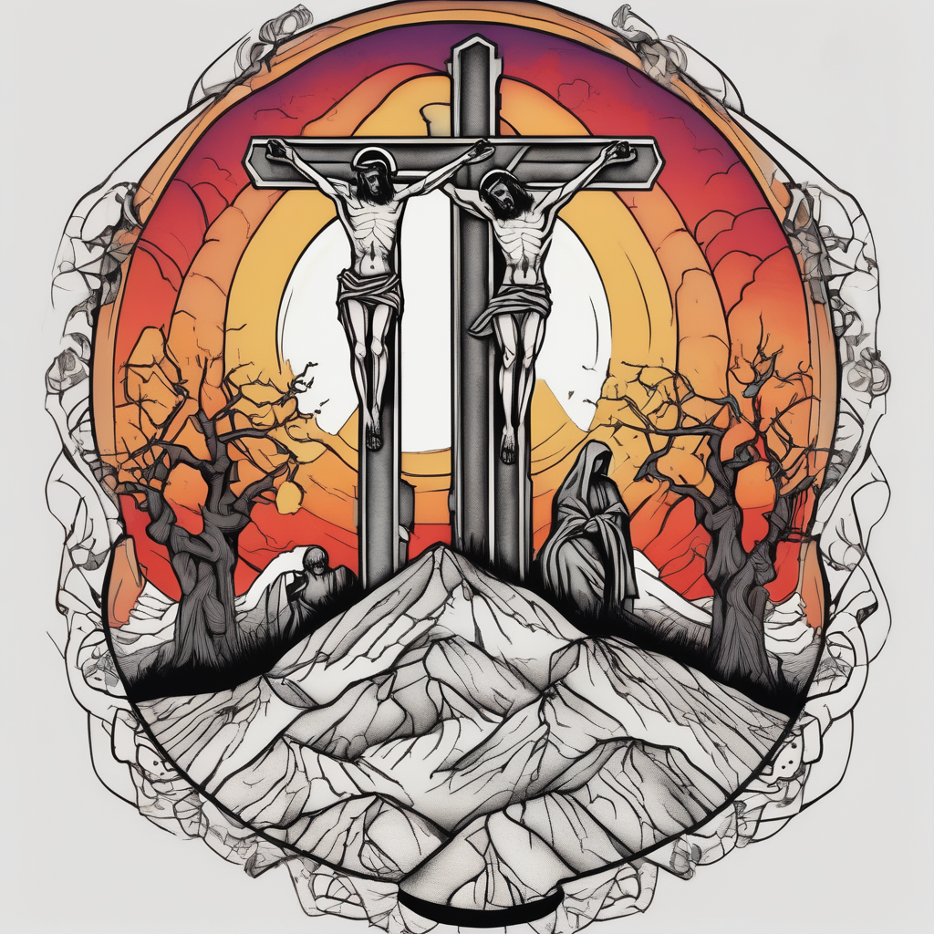 3 people crucified on a hill facing west elderly-people, design de tatouage Blackwork généré par IA