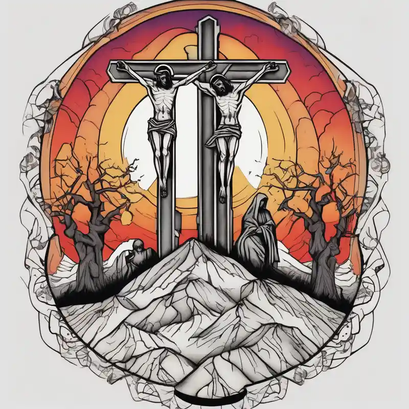 3 people crucified on a hill facing west – Blackwork, Couleurs vives