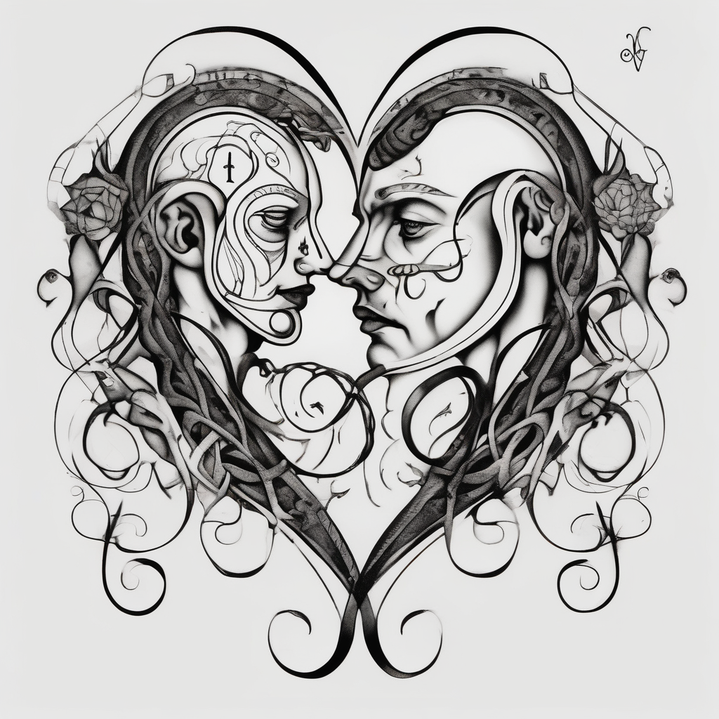 Paired tattoo for a girl and a guy, together forever, he is Artem, she is Lada. Two people with incurable diseases who love each other very much, little tattoo with heart or infinity elderly-people, diseño de tatuaje Surrealista generado con IA