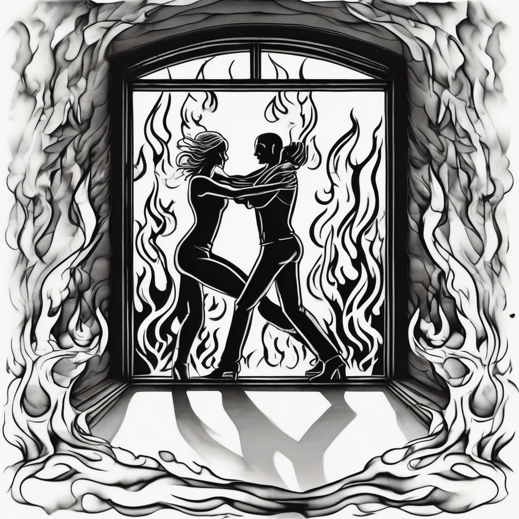 two people slow dancing in a burning room but the outside of the house is burning and you can only see them through a small window elderly-people, diseño de tatuaje Blanco y negro generado con IA