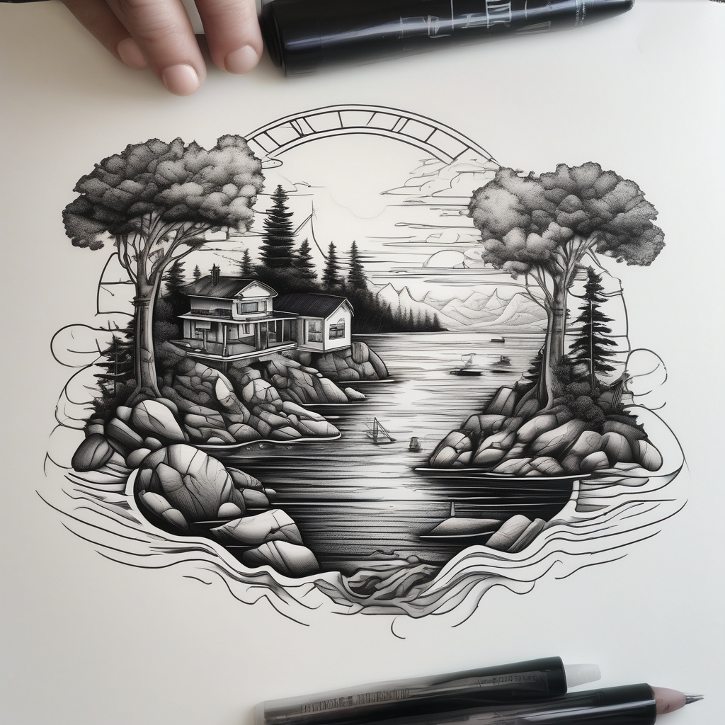Sea view with rocks, trees, people and homes elderly-people, design de tatouage Réaliste généré par IA