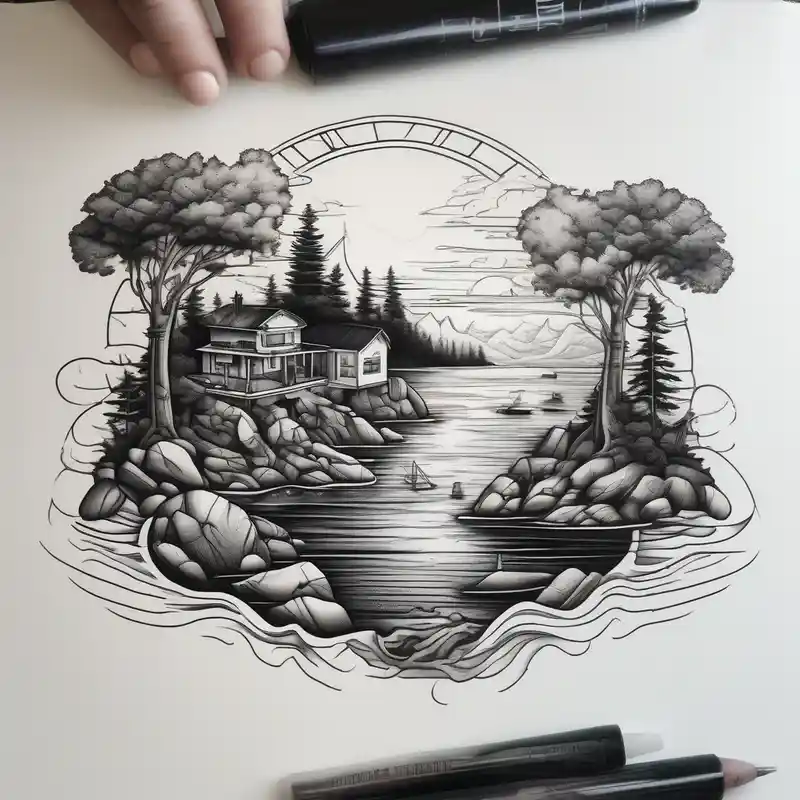 Sea view with rocks, trees, people and homes – Réaliste, Couleurs vives