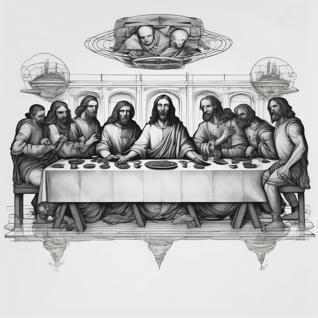 The last supper by davinci but the people are astronauts elderly-people(AIが生成したシュルレアリスムスタイルのタトゥーデザイン)