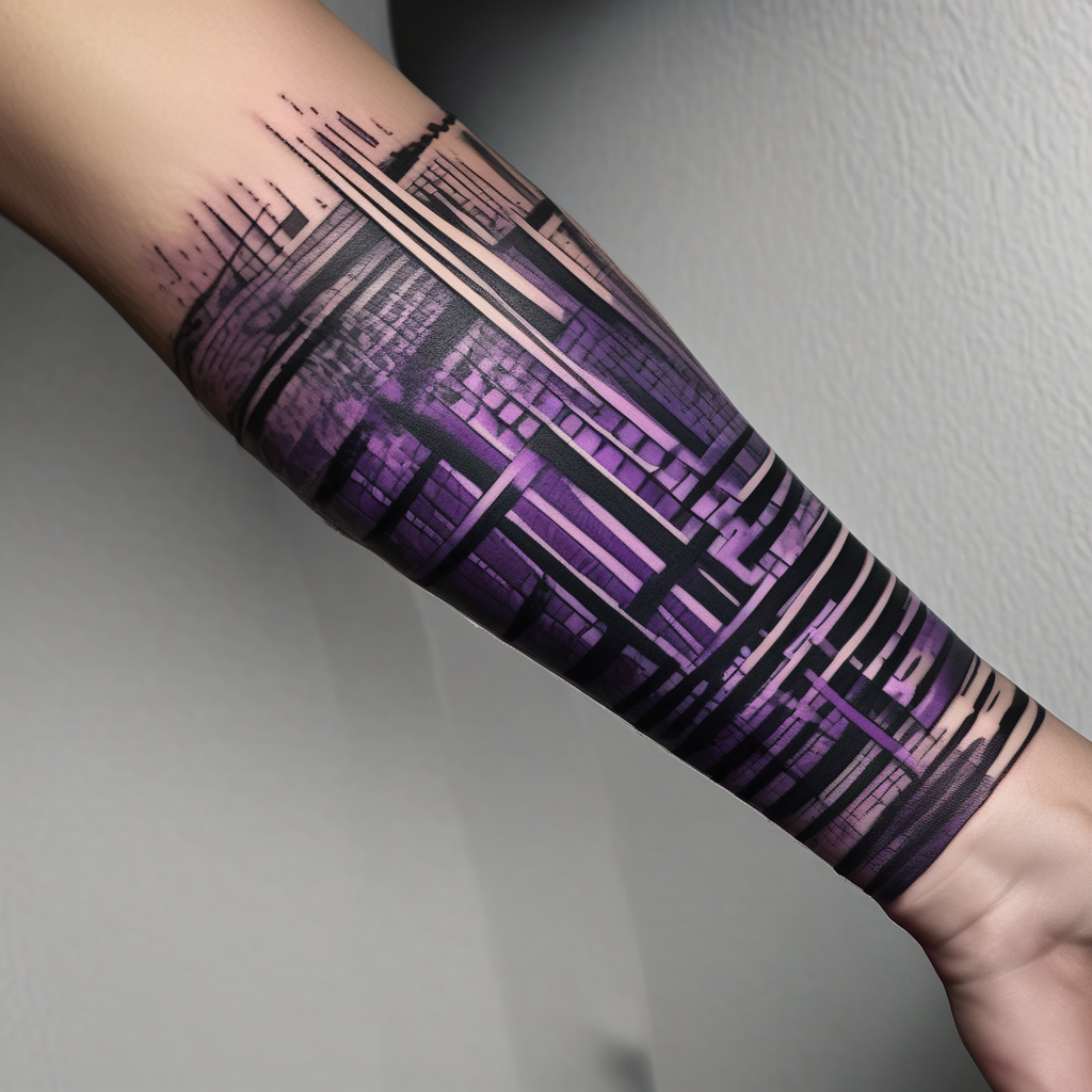 lines around wrist, abstract, black and purple, covered from wrist to forearm, fully covered, no borders, blackwork, no people elderly-people, AI-generated Realistic tattoo design