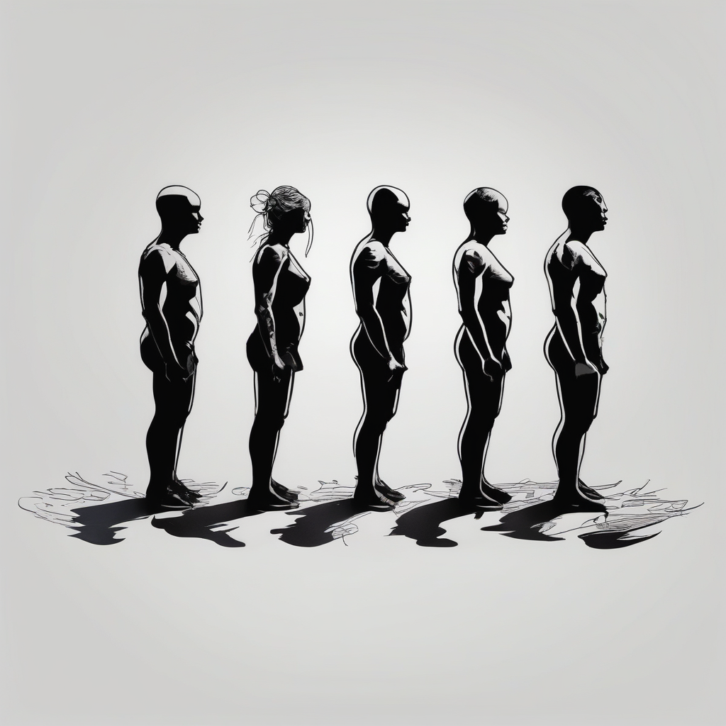 Black shadows of two people standing over 2 black shadows of people they had just shot elderly-people, AI-generated Black and White tattoo design