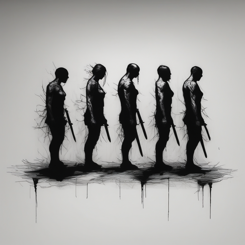 2 Black shadows of people standing over 2 wounded black shadows of people elderly-people, AI-generated Realistic tattoo design