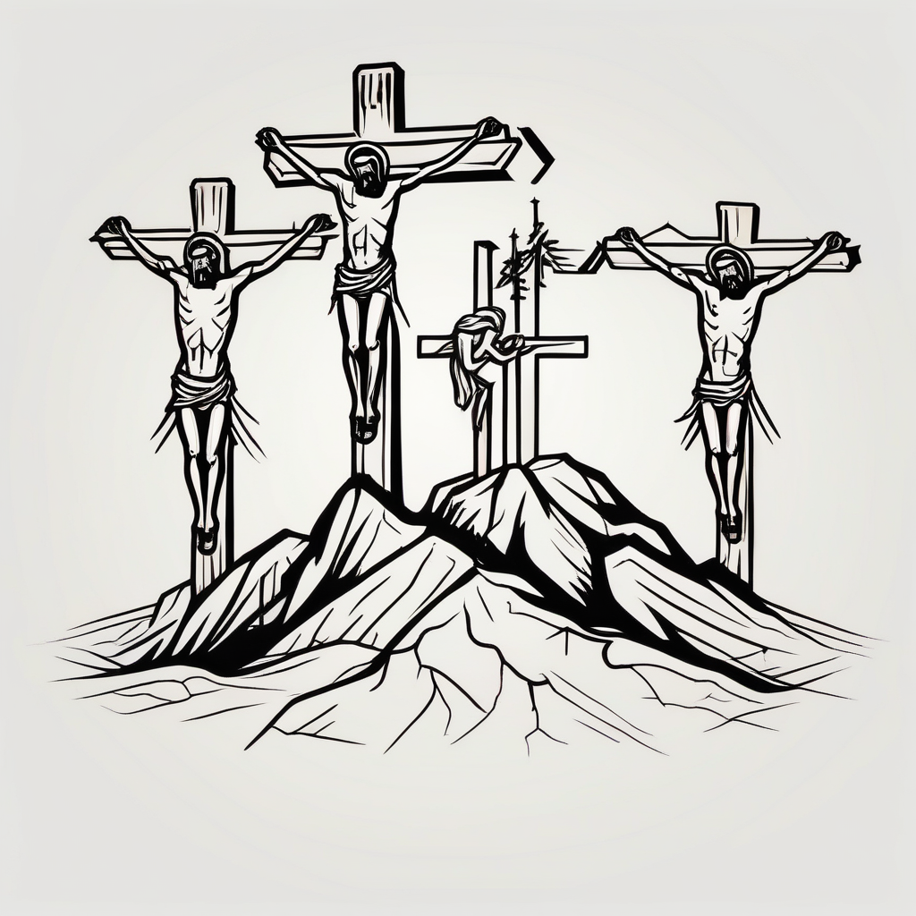 3 people crucified on a hill facing west elderly-people, design de tatouage Cartoon généré par IA