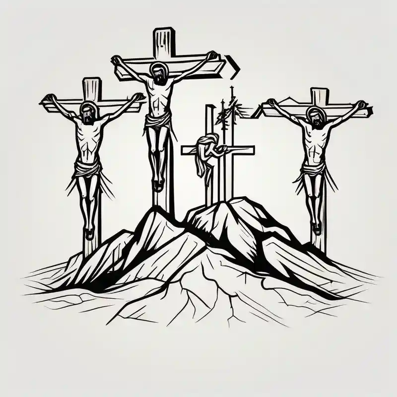 3 people crucified on a hill facing west