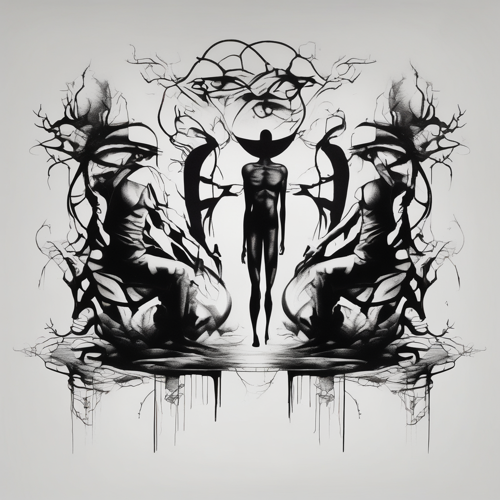 2 Black shadows of people standing over 2 wounded black shadows of people elderly-people, AI-generated Surreal tattoo design