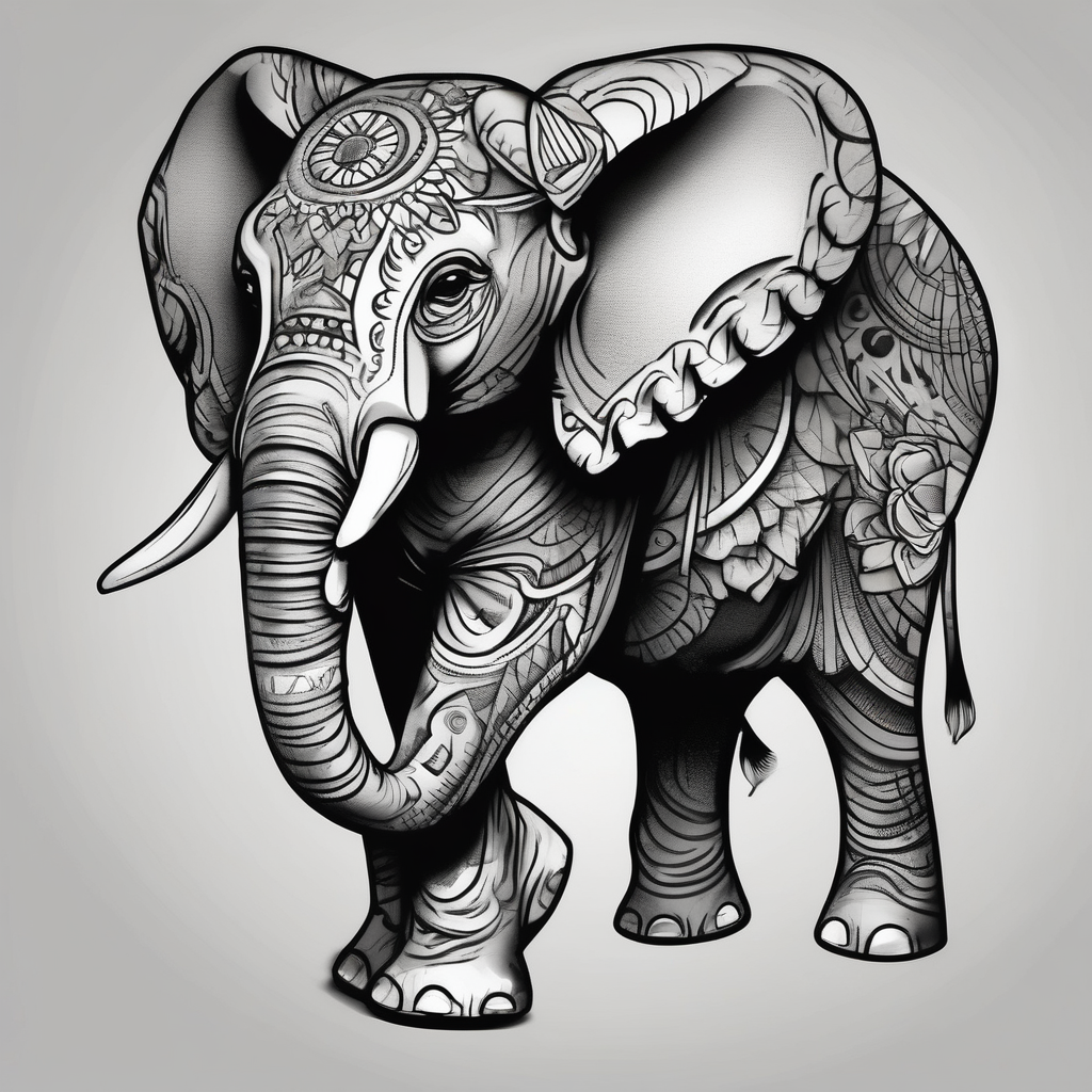 cute Elephant, design de tatouage Noir et blanc généré par IA