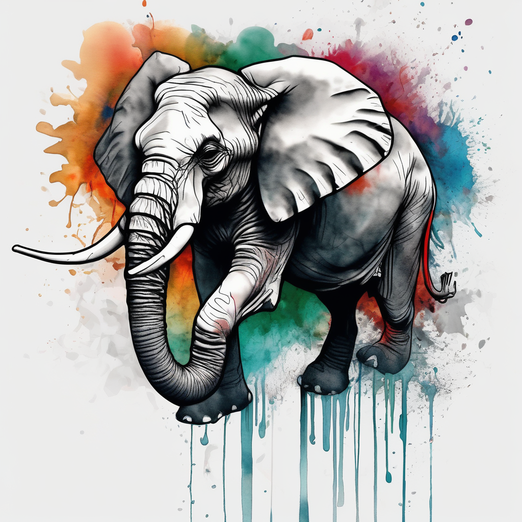 elephant fishing diving plunging, diseño de tatuaje Acuarela generado con IA