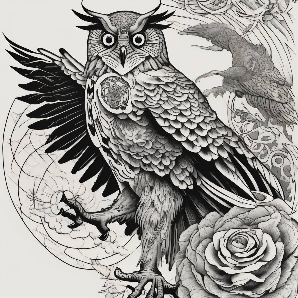 owl attacks crow attacks eagle attacks elephant, diseño de tatuaje Japonés generado con IA