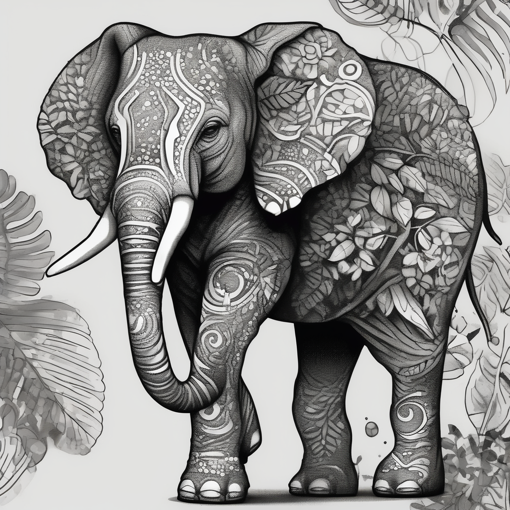 “A majestic elephant with its trunk raised, surrounded by tropical foliage, symbolizing memory and strength, diseño de tatuaje Dotwork generado con IA