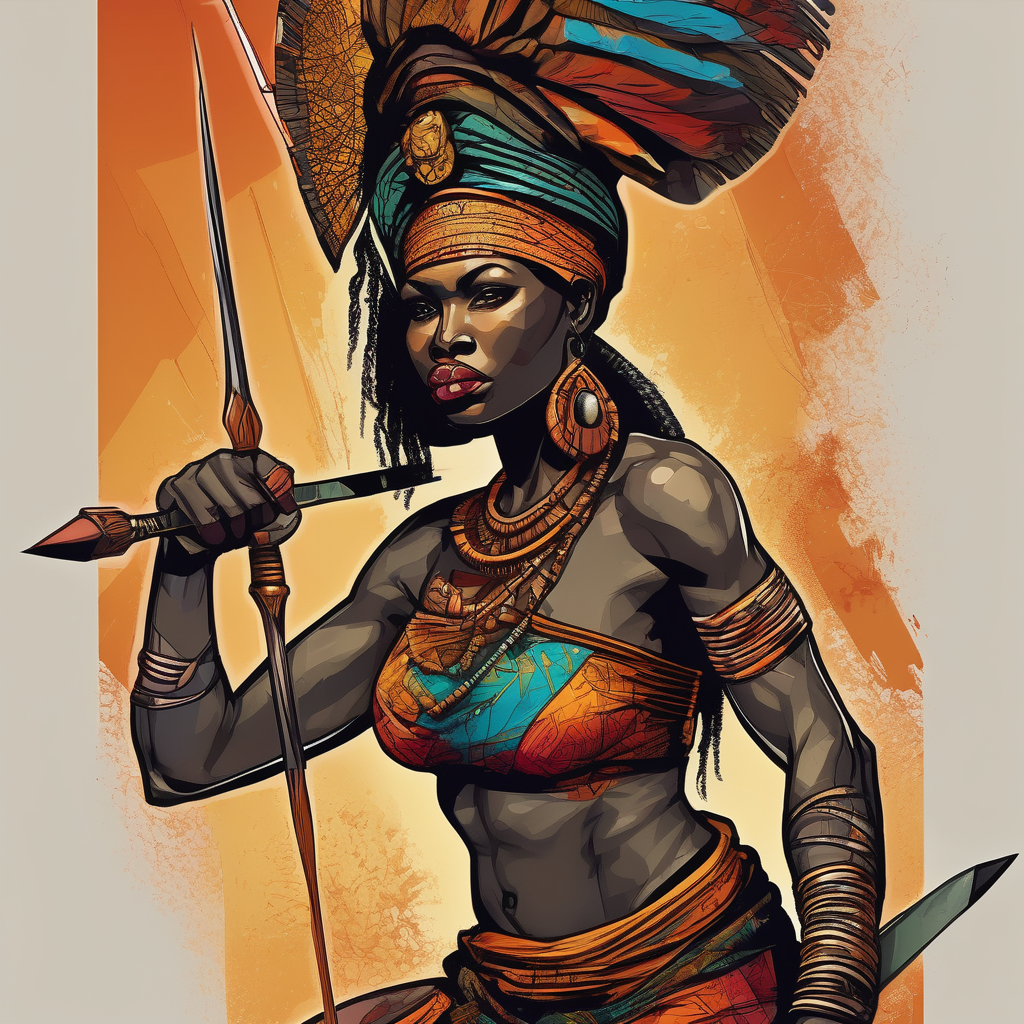 African woman warrior holding a spear with birds and elephants in the background, design de tatouage Réaliste généré par IA