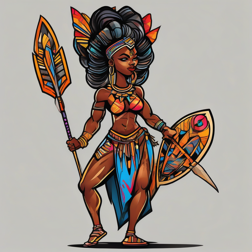 African woman warrior holding a spear with birds and elephants in the background, AI-generated Cartoon tattoo design