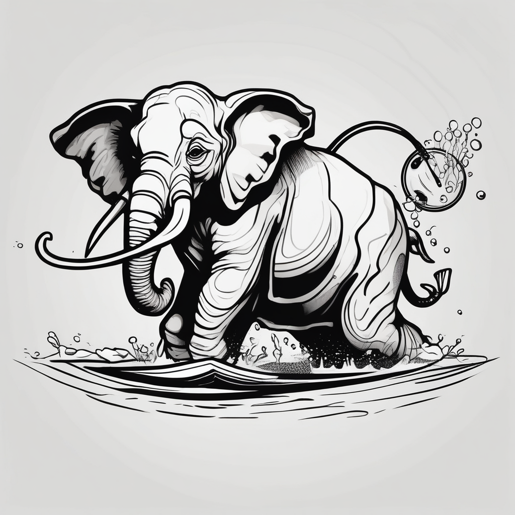 elephant fishing diving plunging, AI-generated Cartoon tattoo design