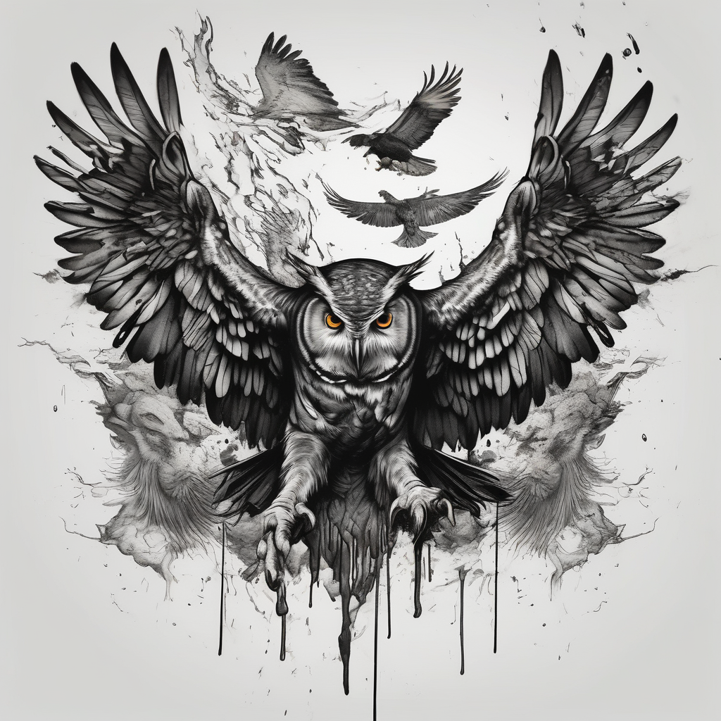 owl attacks crow attacks eagle attacks elephant, diseño de tatuaje Acuarela generado con IA