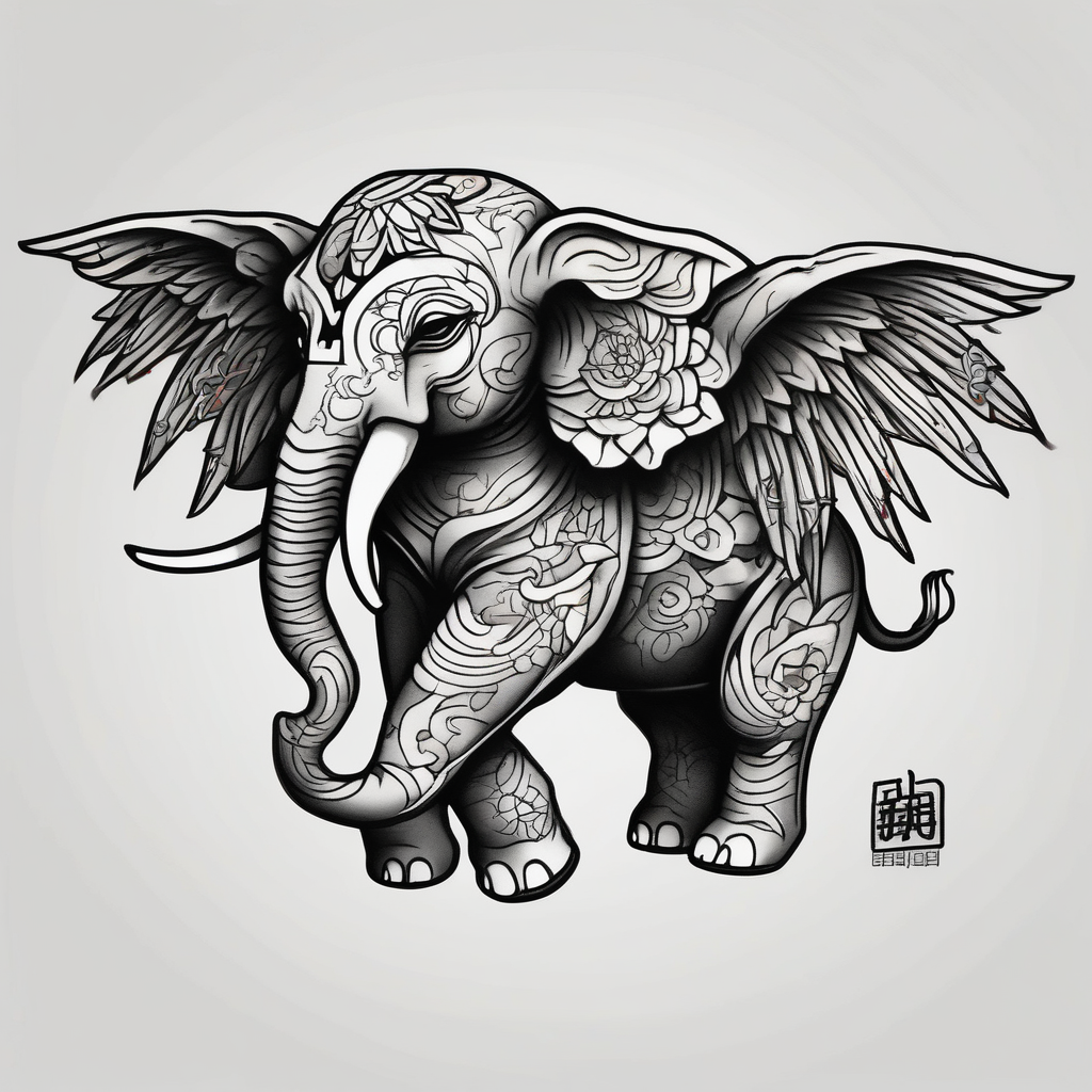 cute elephant with wings, diseño de tatuaje Japonés generado con IA