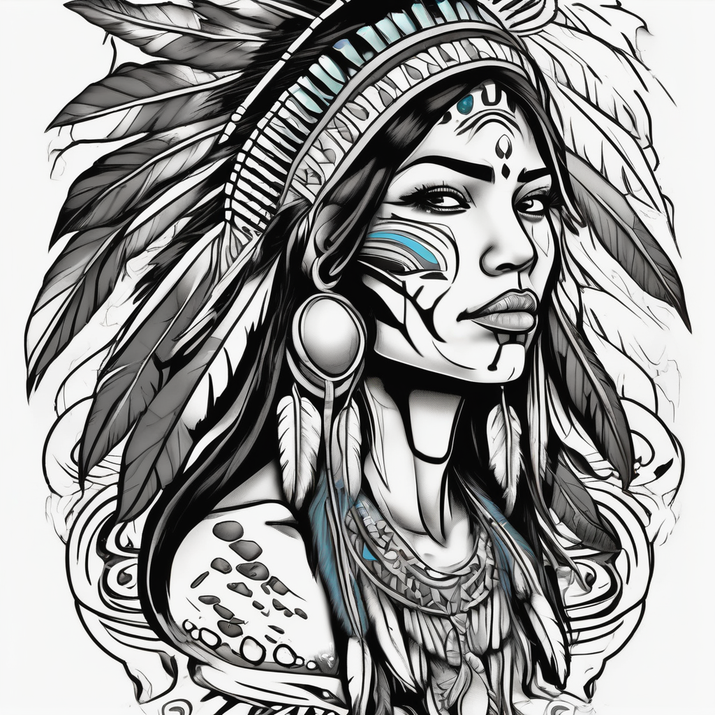A native American Indian woman by a waterfall she is Aquarius water barrer she has tattoos and her eyes can see right through you eyelid-eyes, diseño de tatuaje Cartoon generado con IA