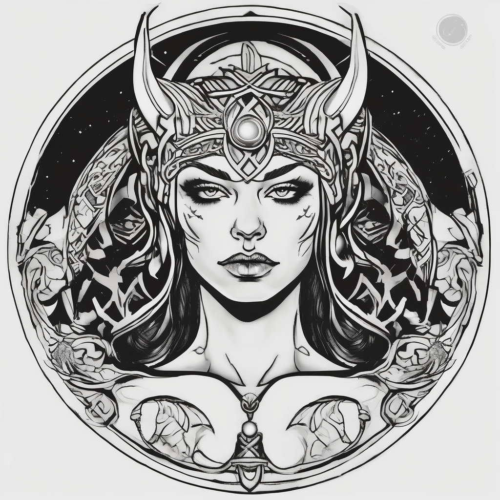 Viking, feminine warrior, bedroom eyes, headshot, princess, round emblem, moon goddess, Gaia eyelid-eyes, diseño de tatuaje Blanco y negro generado con IA
