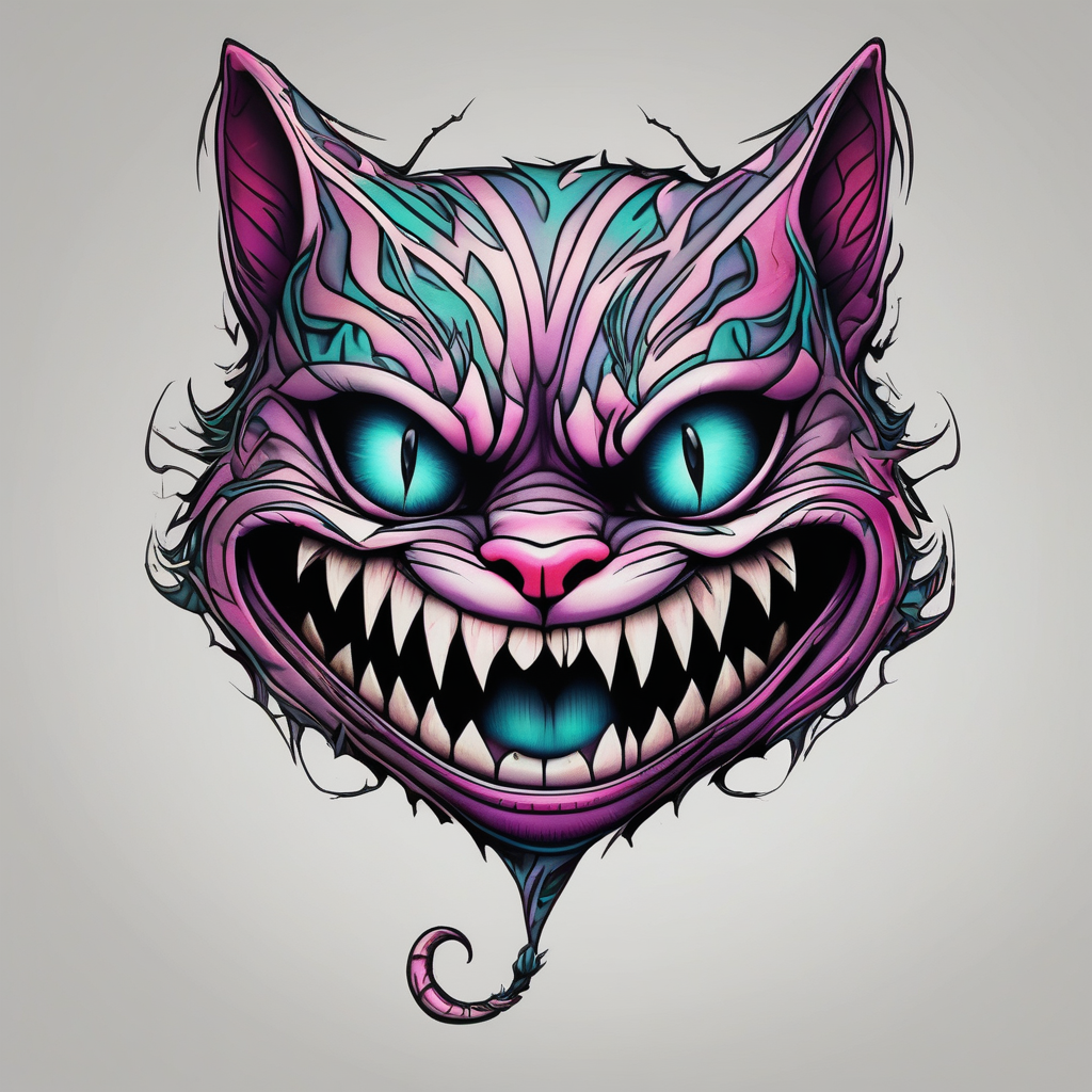 evil twisted cheshire cats mouth and eyes eyelid-eyes, diseño de tatuaje Realista generado con IA