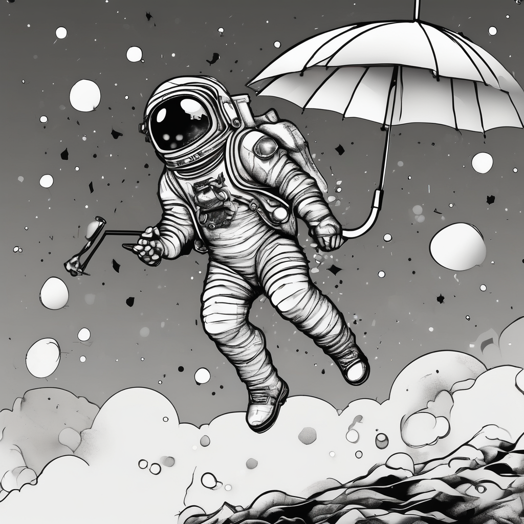 floating astronaut, with stars for eyes, holding an umbrella, with a blank speech bubble eyelid-eyes(AIが生成した白黒スタイルのタトゥーデザイン)