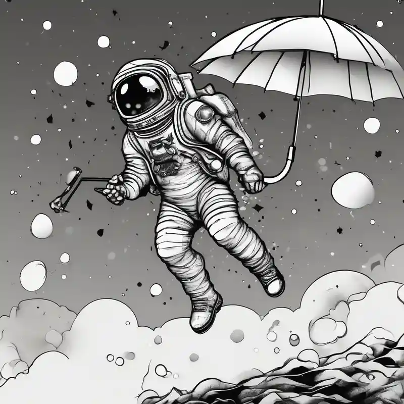 floating astronaut, with stars for eyes, holding an umbrella, with a blank speech bubble – モノクロ, 白黒