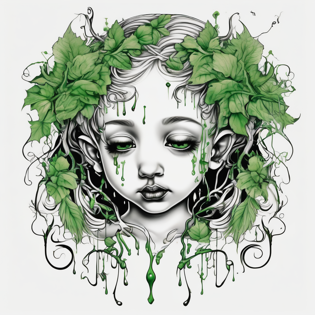 Baby angel with completely black eyes dripping with green vines everywhere eyelid-eyes, diseño de tatuaje Surrealista generado con IA
