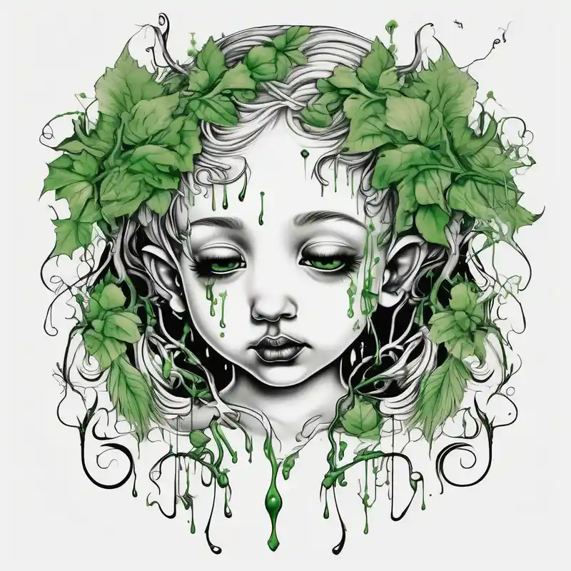 Baby angel with completely black eyes dripping with green vines everywhere
