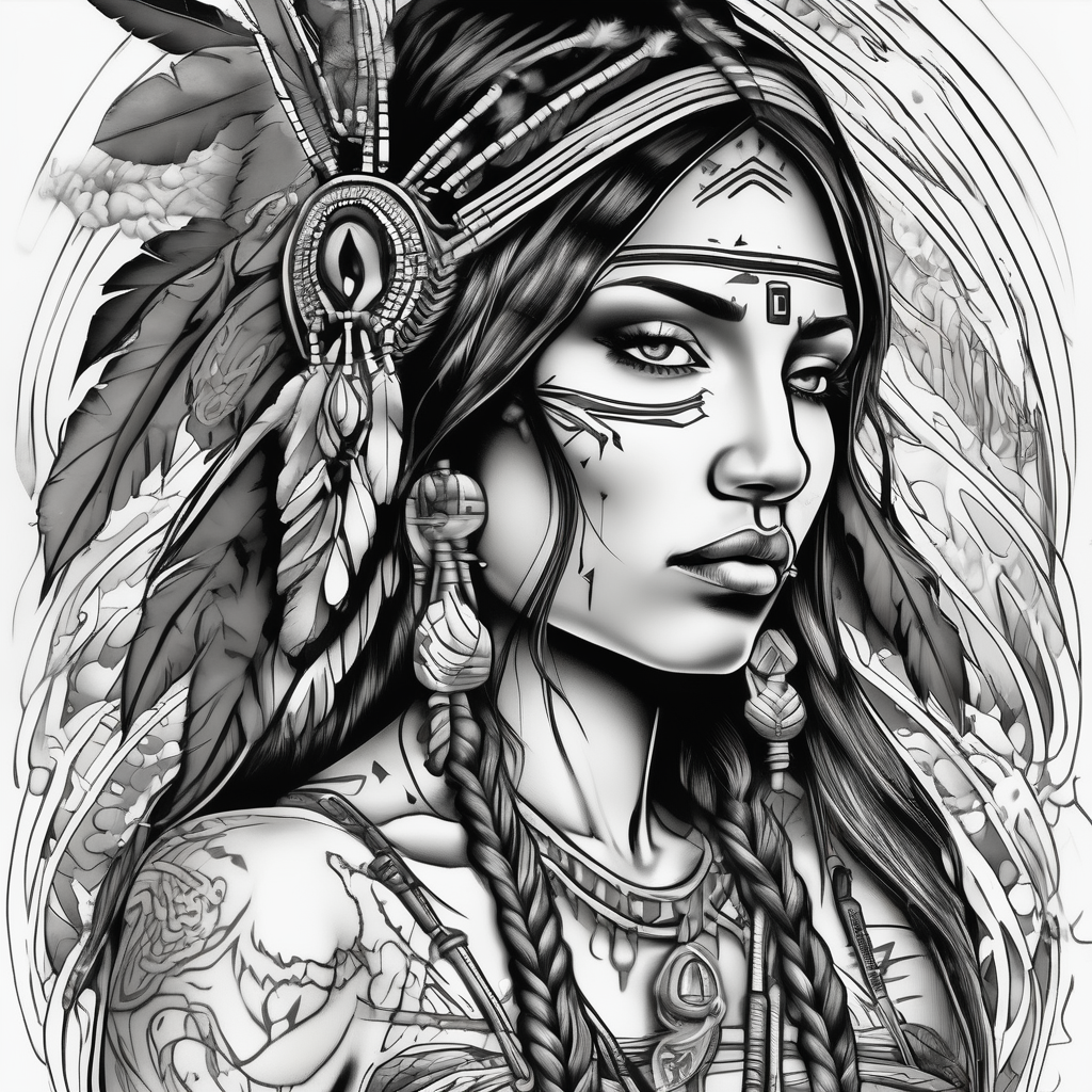 A native American Indian woman by a waterfall she is Aquarius water barrer she has tattoos and her eyes can see right through you eyelid-eyes, diseño de tatuaje Japonés generado con IA