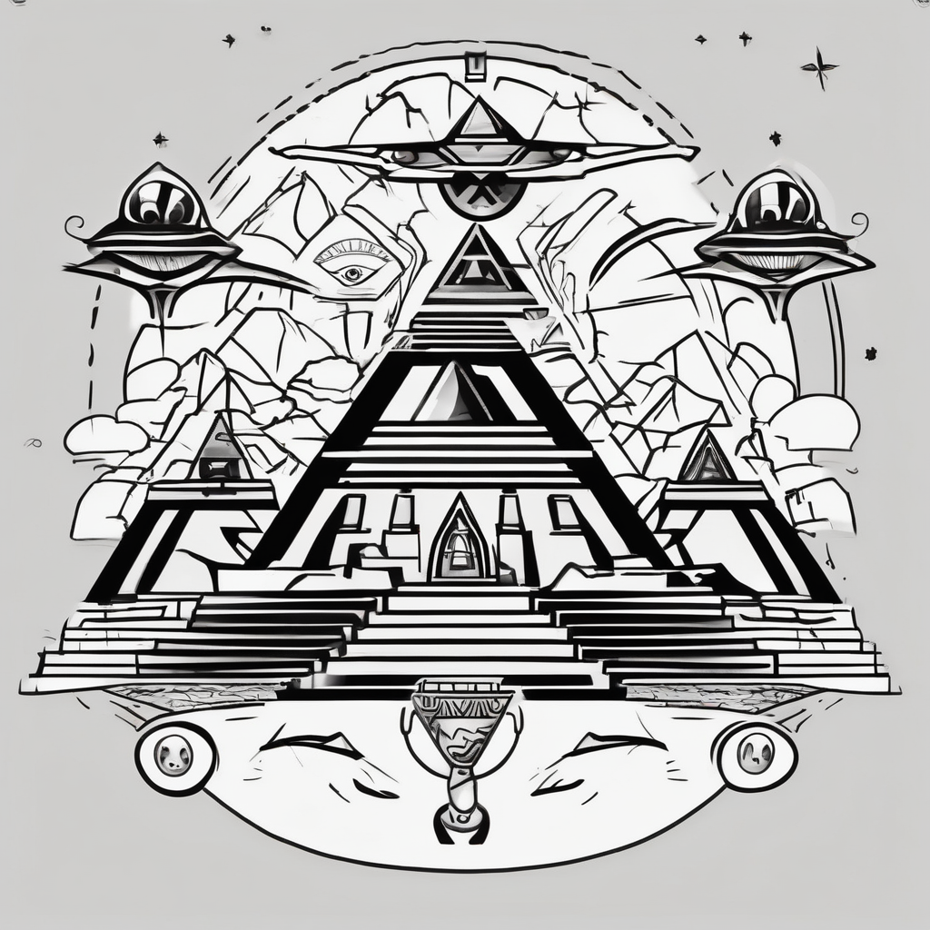 Egyptian pyramids with eye of horus. Aliens abducting people that are working on people building the pyramid eyelid-eyes, AI-generated Cartoon tattoo design