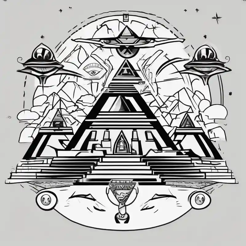 Egyptian pyramids with eye of horus. Aliens abducting people that are working on people building the pyramid – Cartoon, Black and white