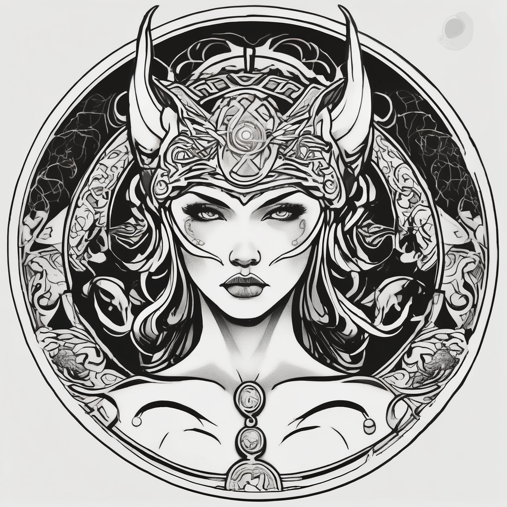 Viking, feminine warrior, mandala, bedroom eyes, headshot, princess, round emblem, moon goddess, Gaia eyelid-eyes, diseño de tatuaje Japonés generado con IA