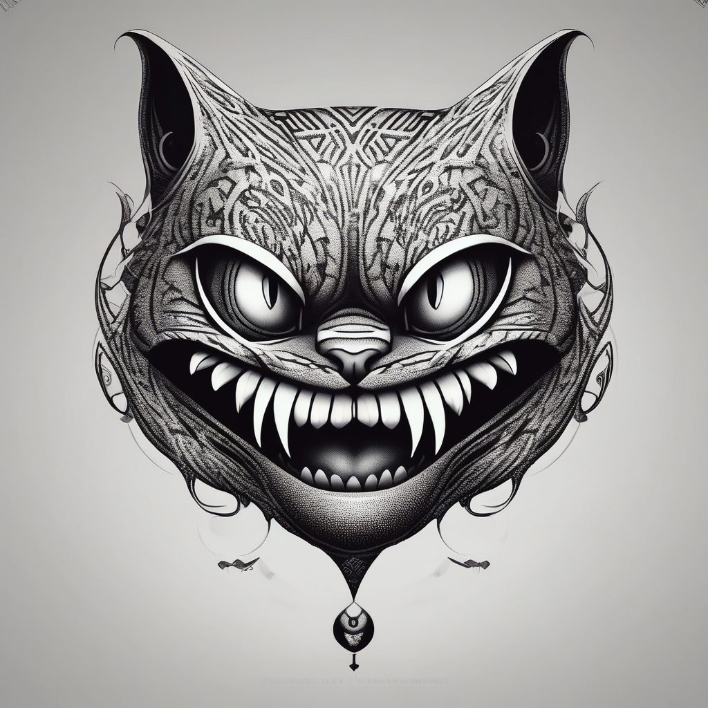evil twisted cheshire cats mouth and eyes eyelid-eyes, diseño de tatuaje Dotwork generado con IA