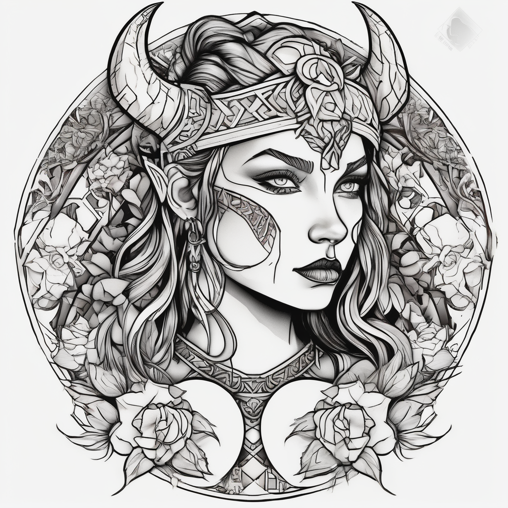 Viking, feminine warrior, bedroom eyes, headshot, princess, round emblem, moon goddess, Gaia, flowers, axes eyelid-eyes, diseño de tatuaje Geométrico generado con IA