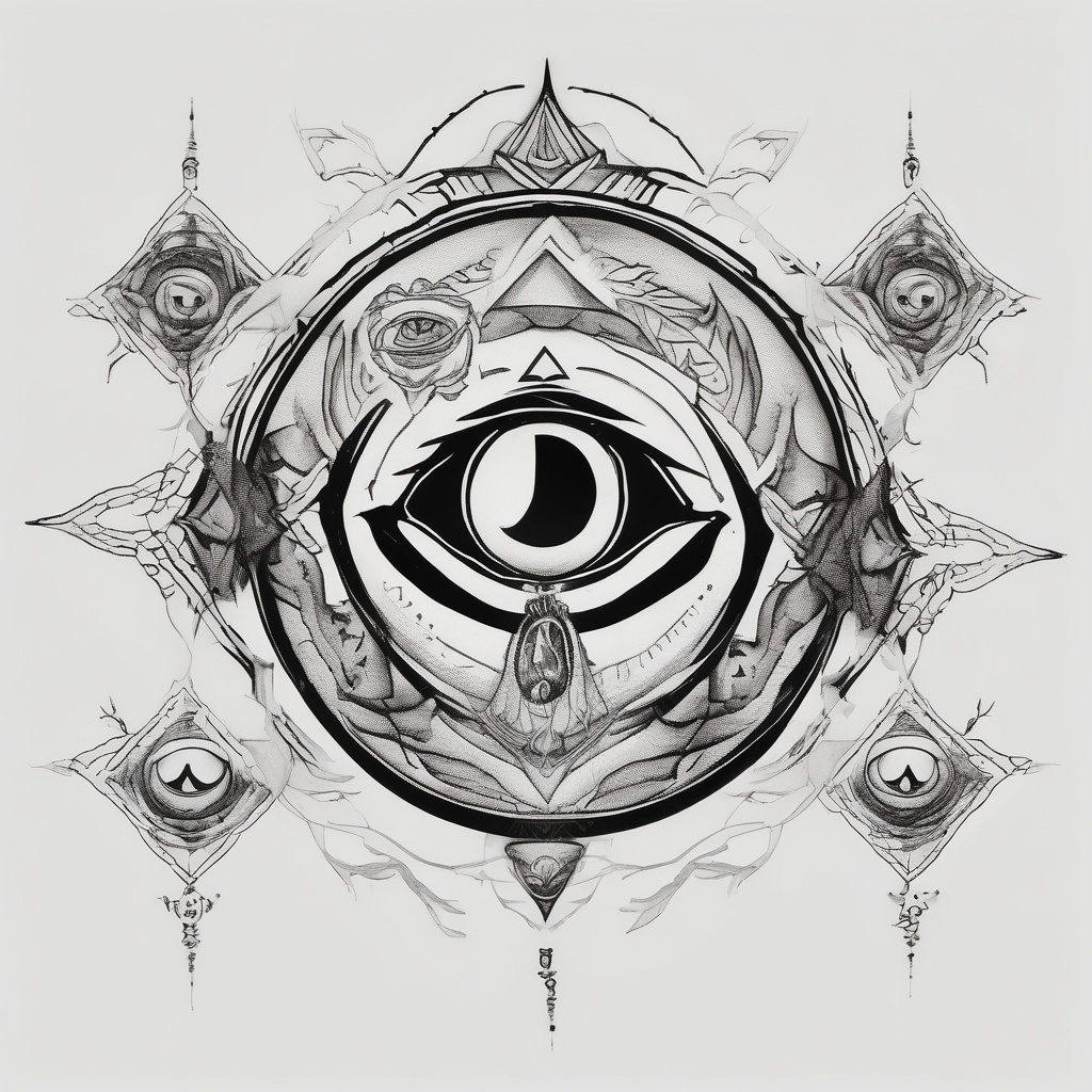 Most protective symbol in the world thirds eye layered through the design where is looks like your seeing through the fabric of reality eyelid-eyes, design de tatouage Surréaliste généré par IA