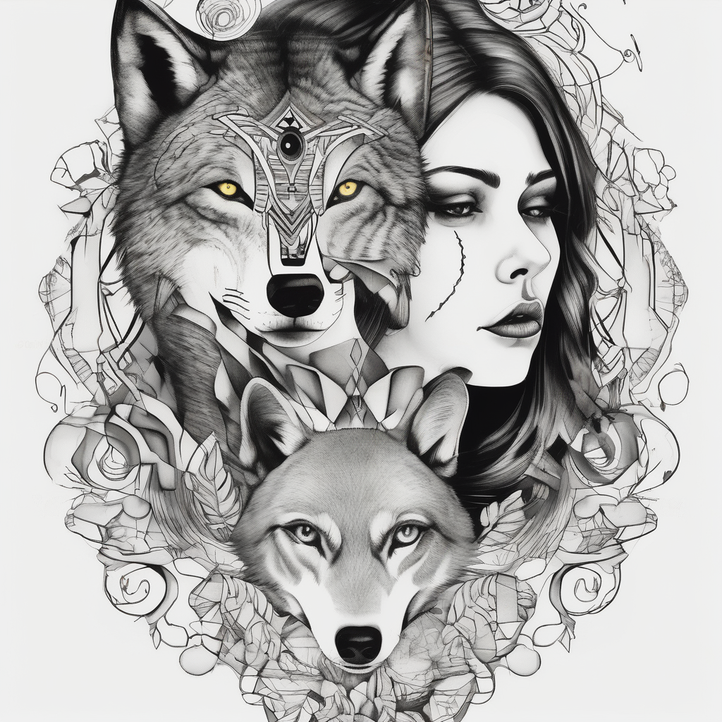 a wolf and a woman with the same eye eyelid-eyes, AI-generated Surreal tattoo design