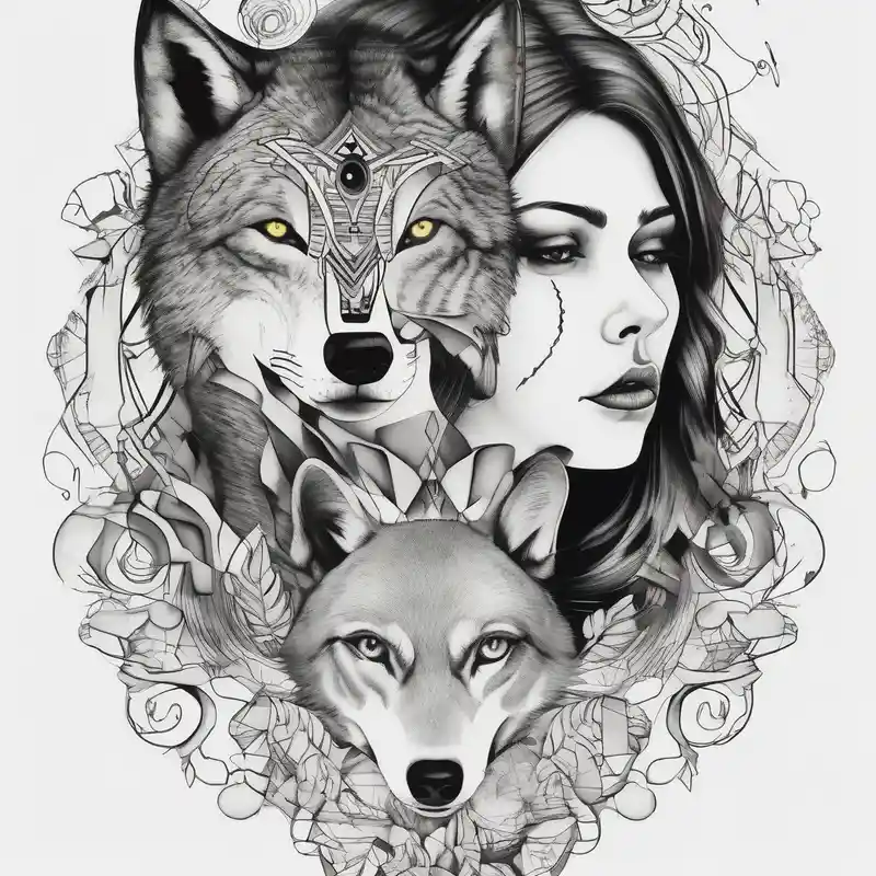 surreal style Ideas de Tatuajes de Lobos para 2025 & Generar gratis about a wolf and a woman with the same eye eyelid-eyes and a wolf and a woman with the same eye eyelid-eyes