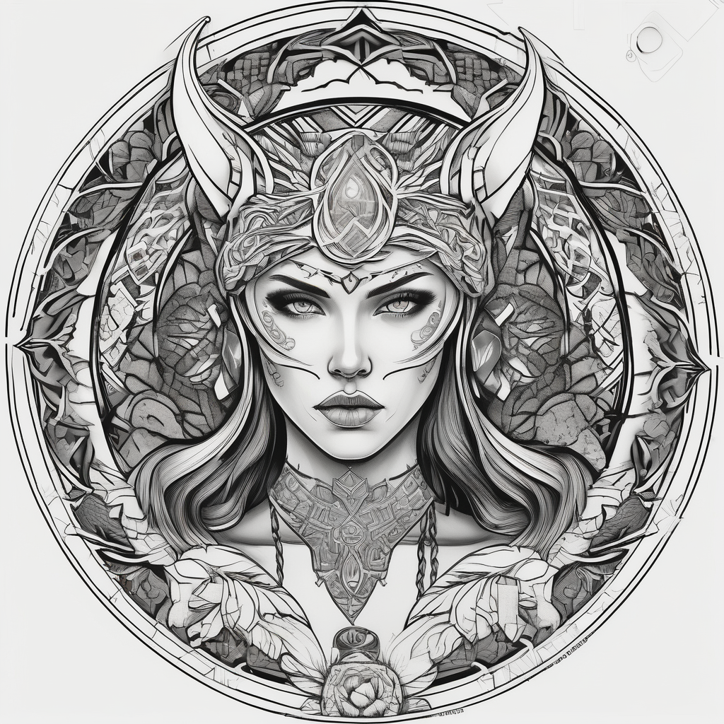 Viking, feminine warrior, mandala, bedroom eyes, headshot, princess, round emblem, moon goddess, Gaia eyelid-eyes, diseño de tatuaje Blanco y negro generado con IA
