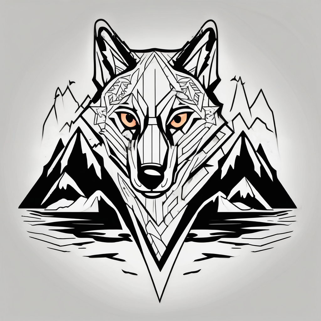 Mountains, wolf eyes underneath eyelid-eyes, AI-generated Cartoon tattoo design