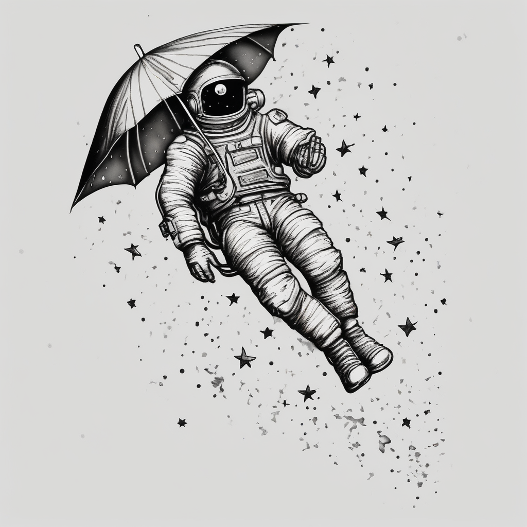 floating astronaut, with stars for eyes, holding an umbrella, with a blank speech bubble eyelid-eyes(AIが生成したリアリズムスタイルのタトゥーデザイン)