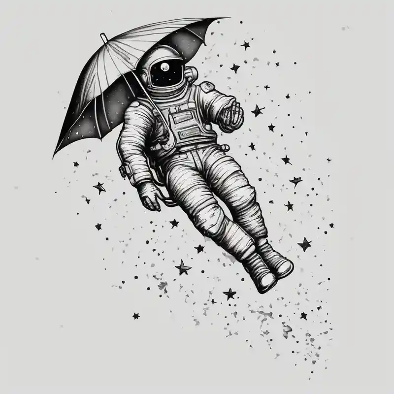 floating astronaut, with stars for eyes, holding an umbrella, with a blank speech bubble