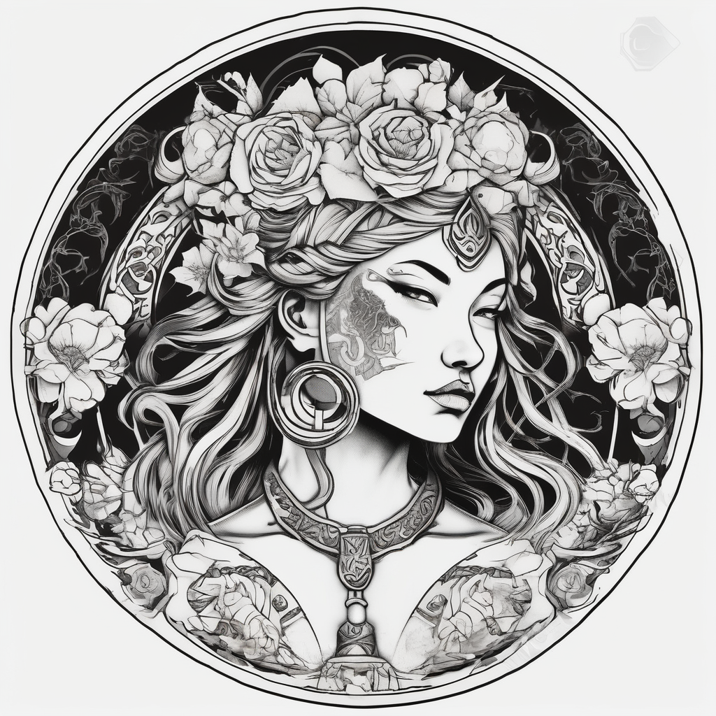 Viking, feminine warrior, bedroom eyes, headshot, princess, round emblem, moon goddess, Gaia, flowers, axes eyelid-eyes, diseño de tatuaje Japonés generado con IA