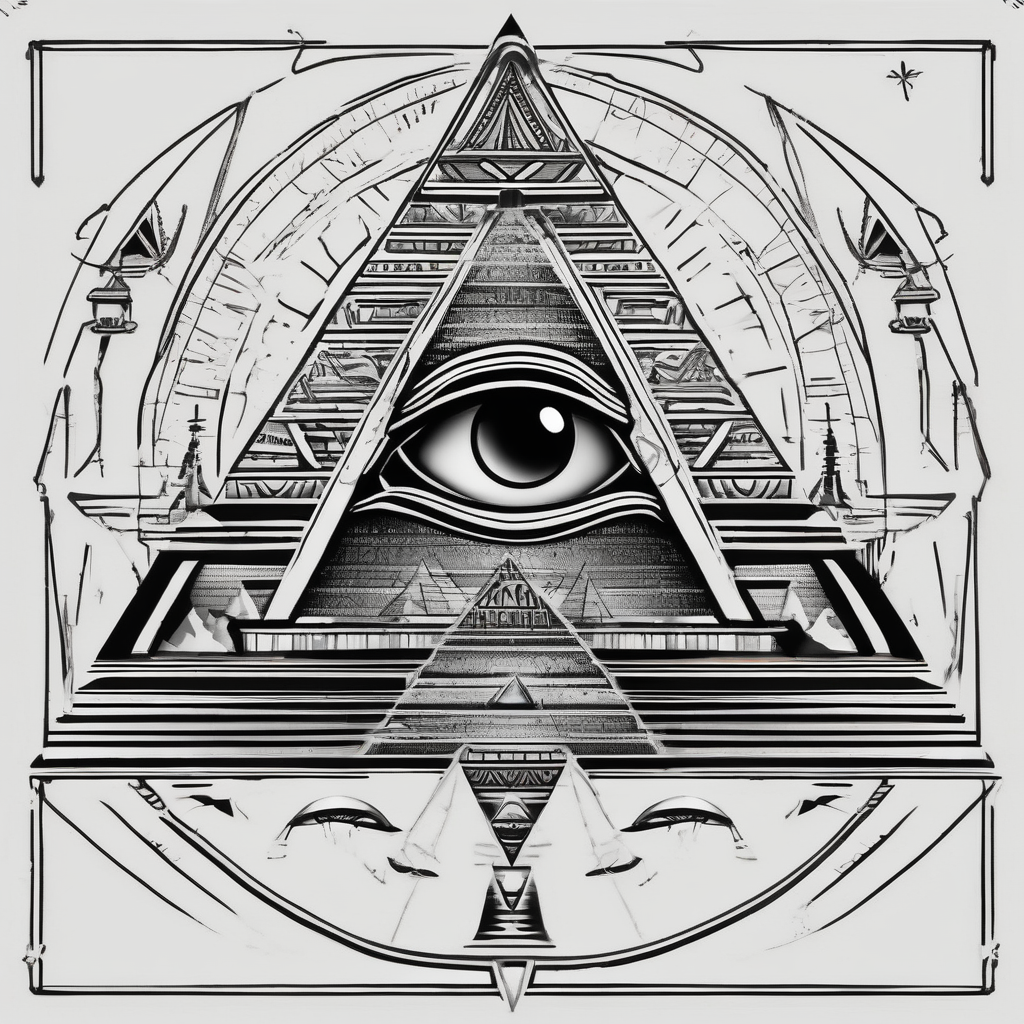 Egyptian pyramids with eye of horus. Aliens abducting people that are working on people building the pyramid eyelid-eyes, AI-generated Blackwork tattoo design