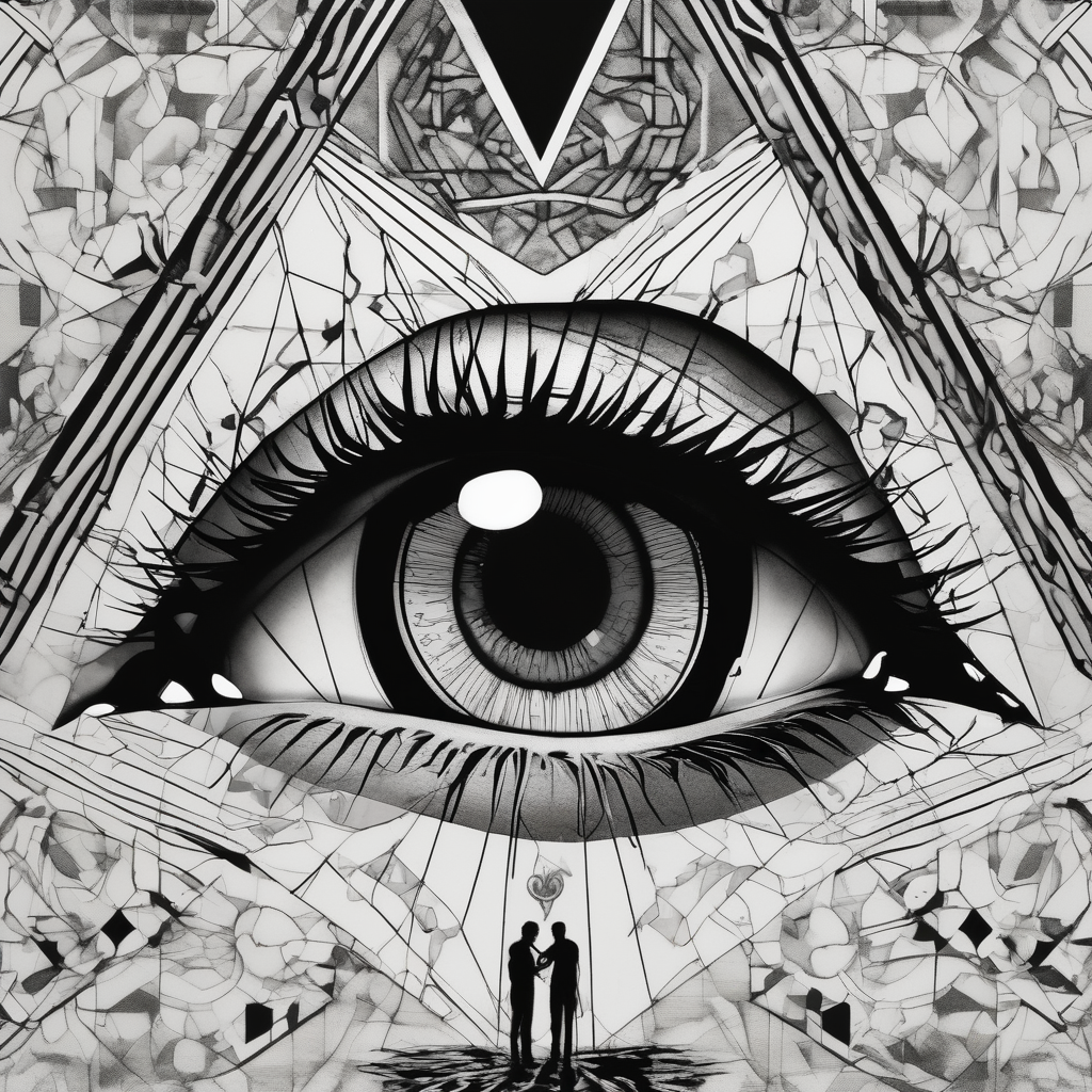 A realistic human eye crying tears of blood with a reflection of two black shadows or people holding guns at two wounded people on the floor eyelid-eyes, AI-generated Geometric tattoo design