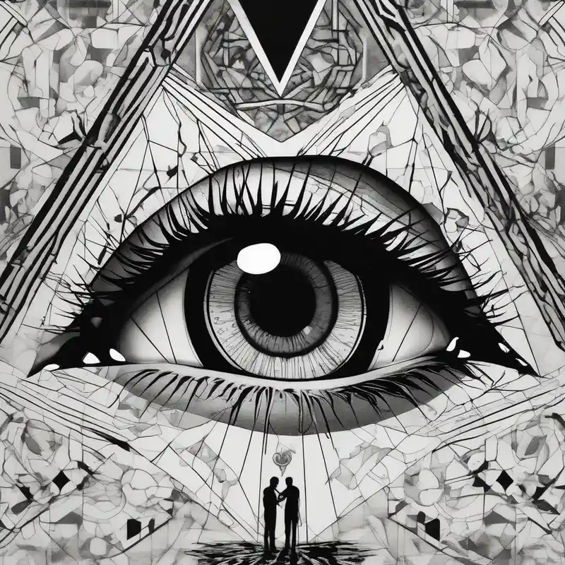 A realistic human eye crying tears of blood with a reflection of two black shadows or people holding guns at two wounded