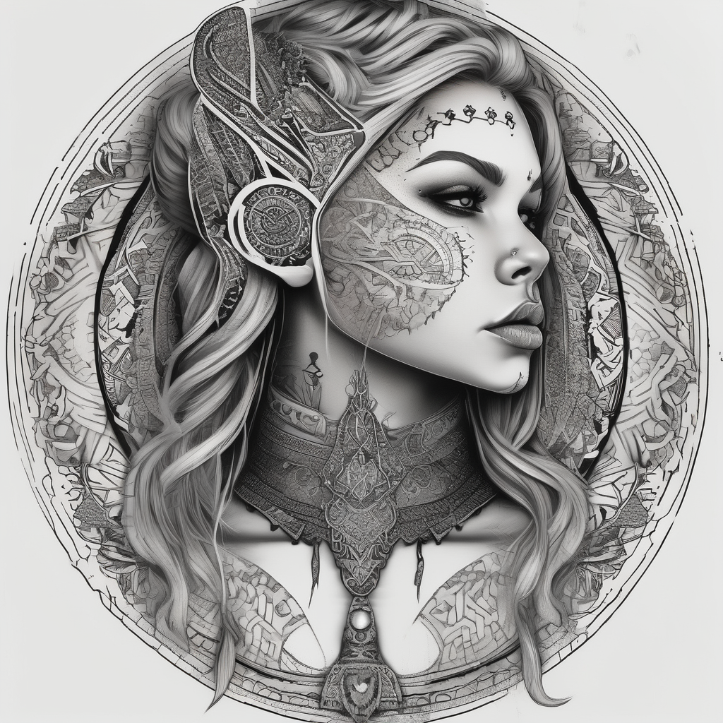 Viking, feminine warrior, mandala, bedroom eyes eyelid-eyes, diseño de tatuaje Dotwork generado con IA